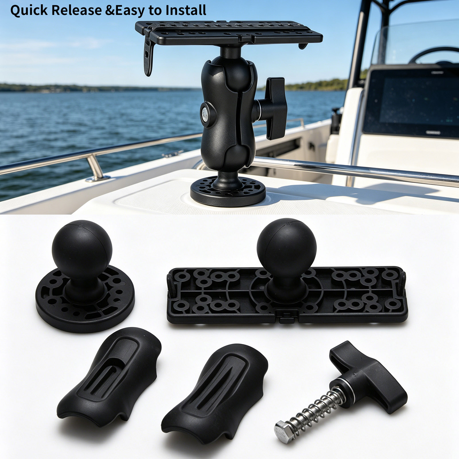 Fish Finder Mount - 360 ° ขาจับเครื่องหาปลาแบบปรับได้ หัวบอลคู่ พร้อมตัวยึดแบบปลดเร็ว สำหรับ